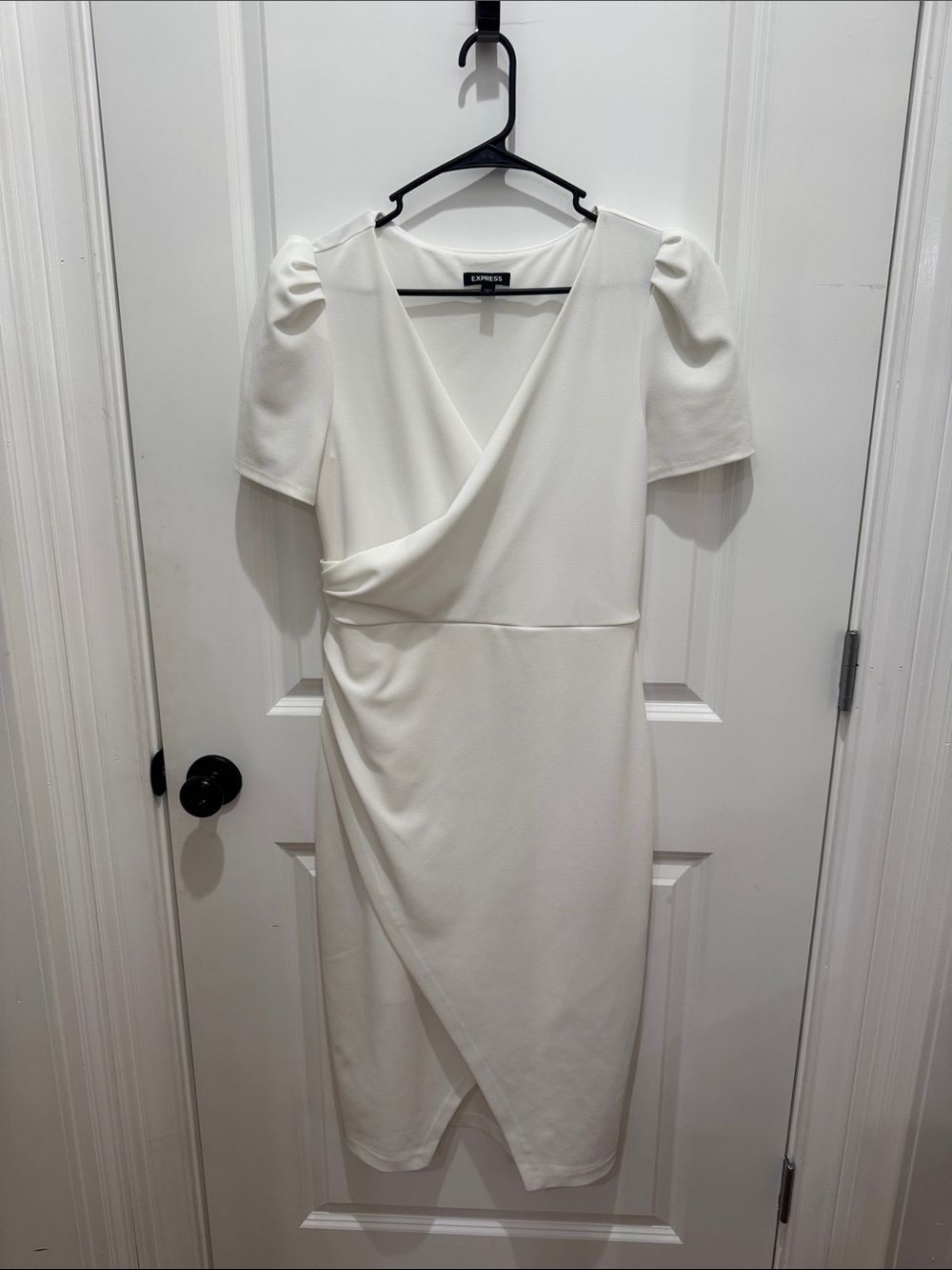 Express Ivory Wrap Midi Dress with Puff Sleeves